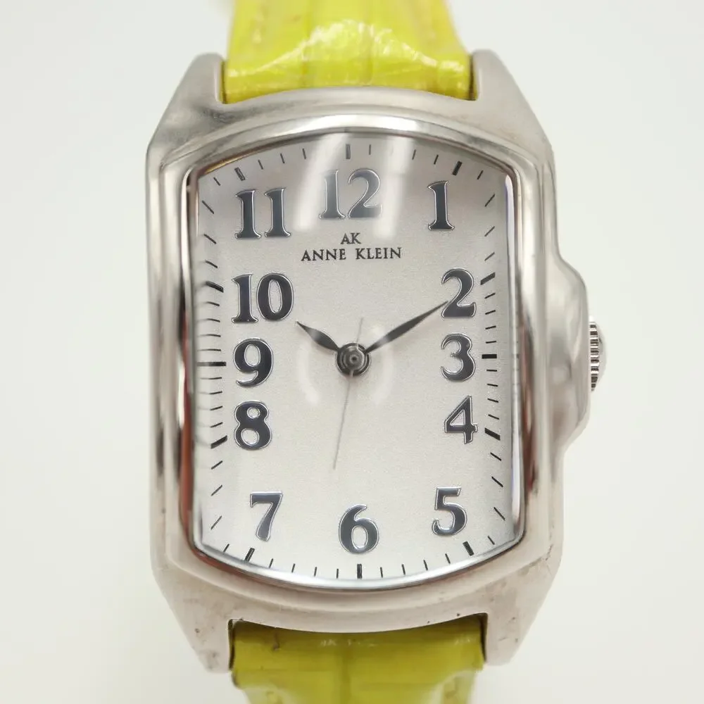Anne Klein Silver Tone 28mm Rectangle Dome Women Watch Green Leather New Battery